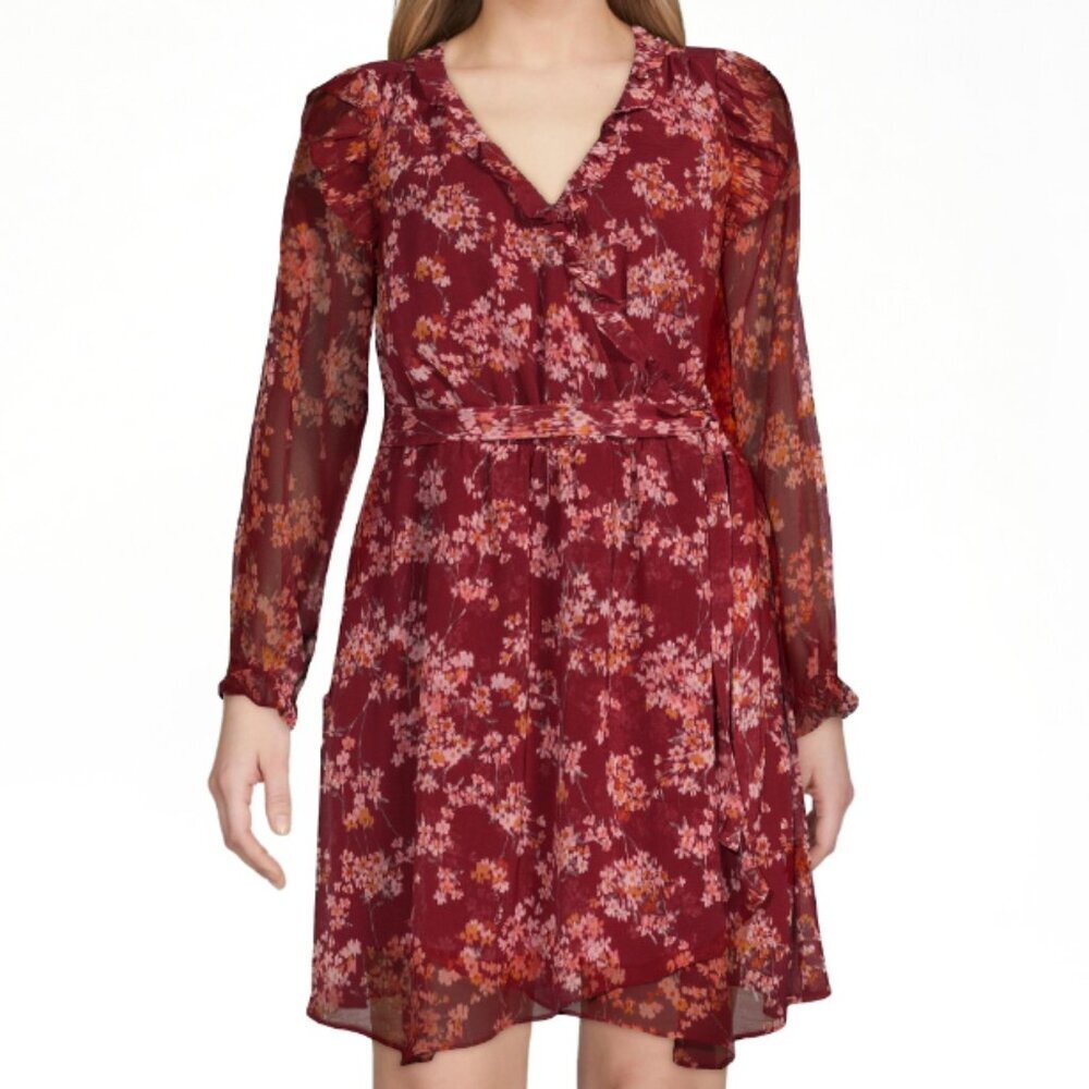 Time and Tru Women's Floral V-neck Red Woven Faux Wrap Dress, M 8-10 NWT